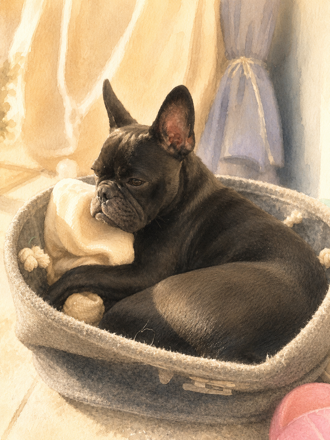 Cindy, die französische Bulldogge von Jasmin, ruht mit dem Kopf auf einer Decke.