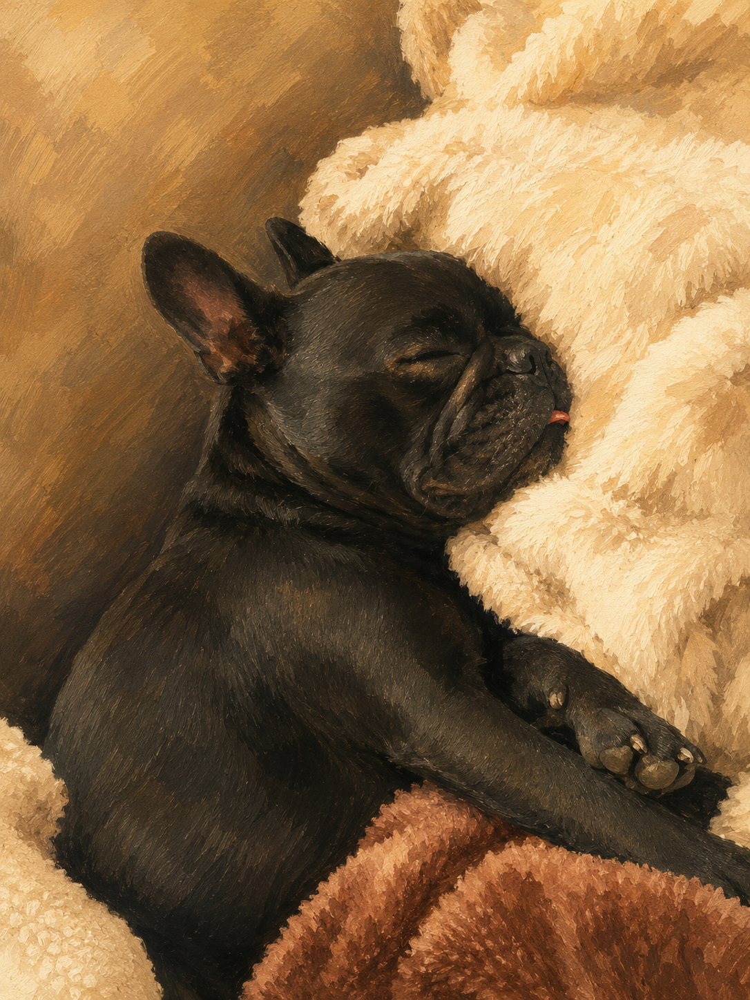 Cindy, die französische Bulldogge von Jasmin, schläft eingerollt auf einer Decke.