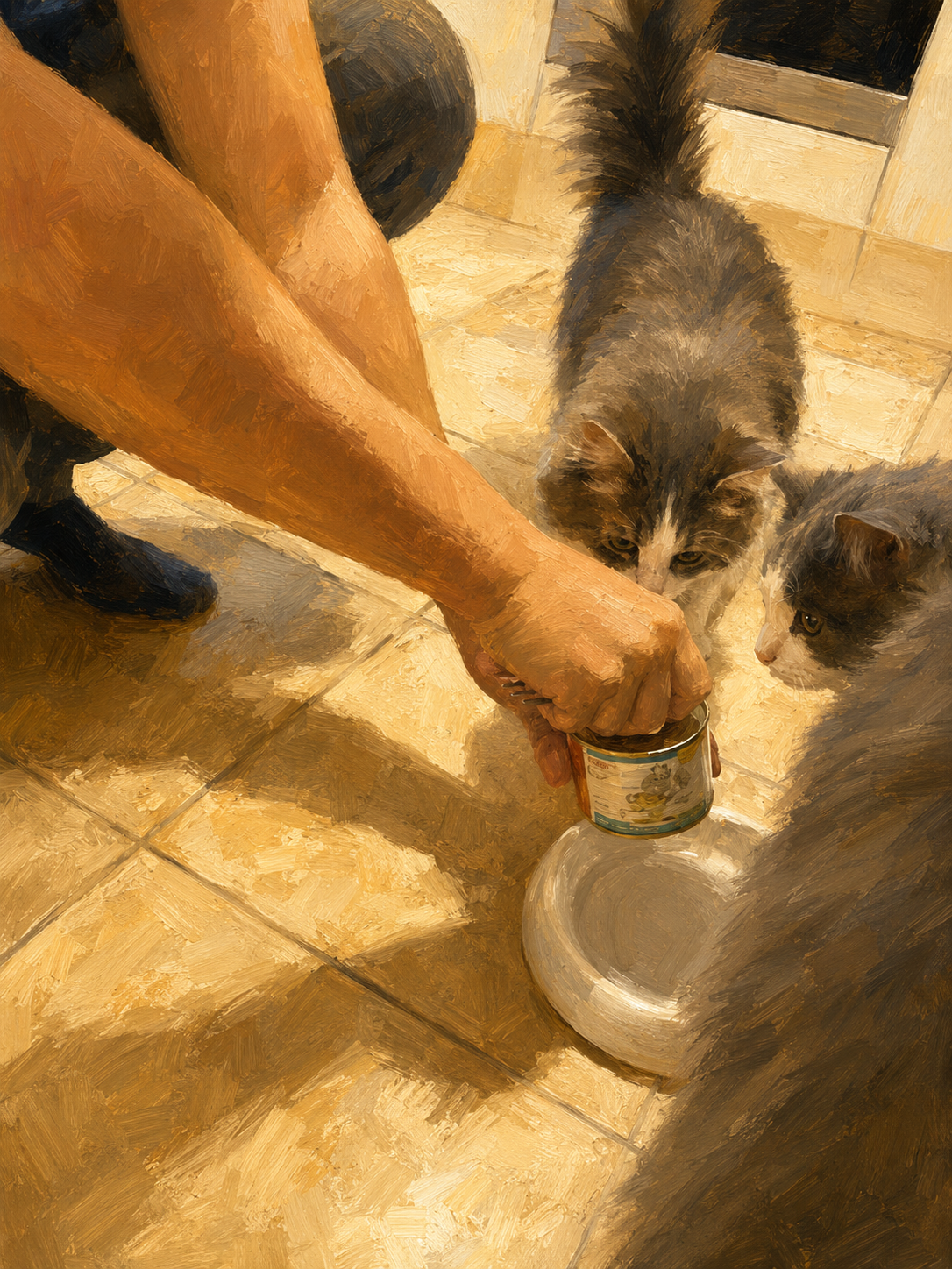 Person füllt Katzenfutter in Napf, drei Katzen warten davor.