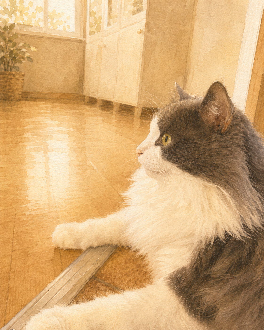 Grau-weiße Katze liegt am Boden und blickt zur Seite.
