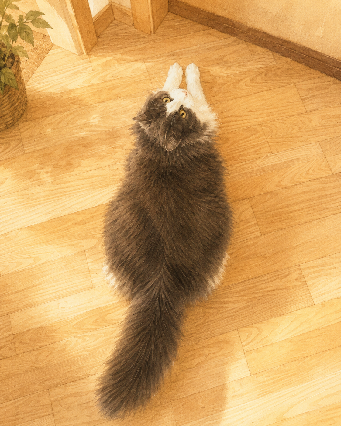 Grau-weiße Katze von oben auf hellem Holzboden.