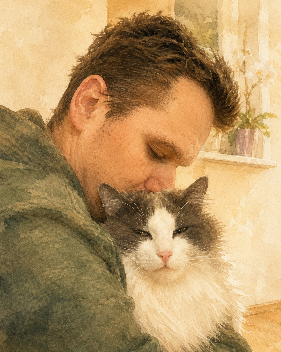 Mann hält grau-weiße Katze nah im Arm.