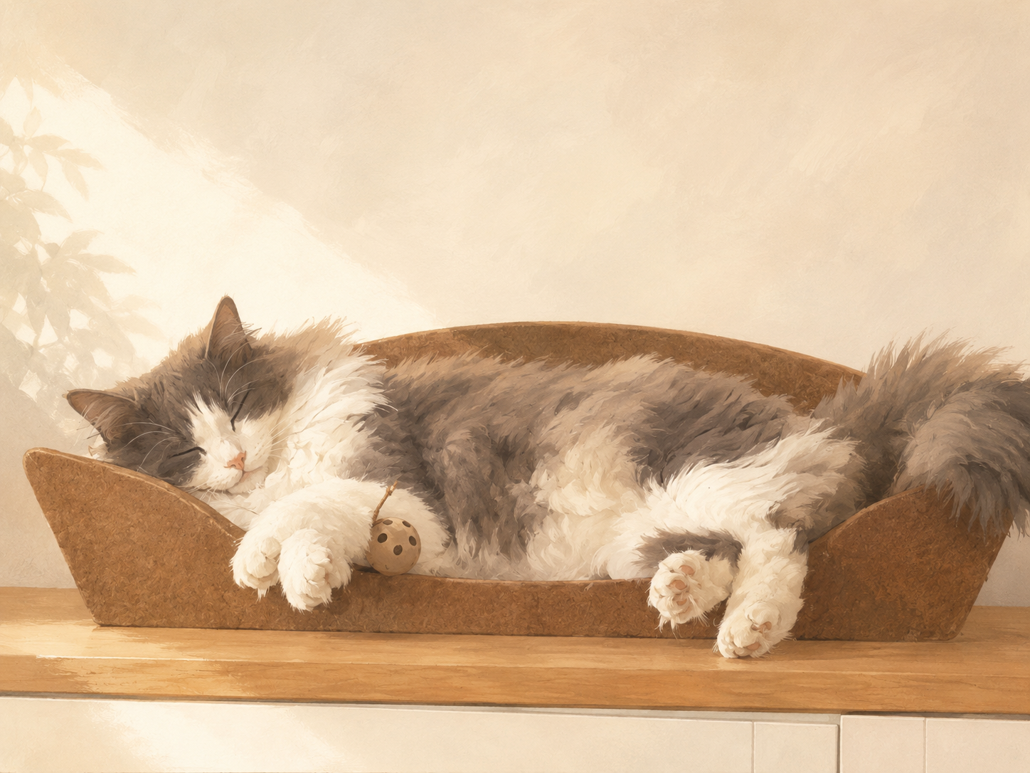 Schlafende grau-weiße Katze in flacher Schale auf Regal.