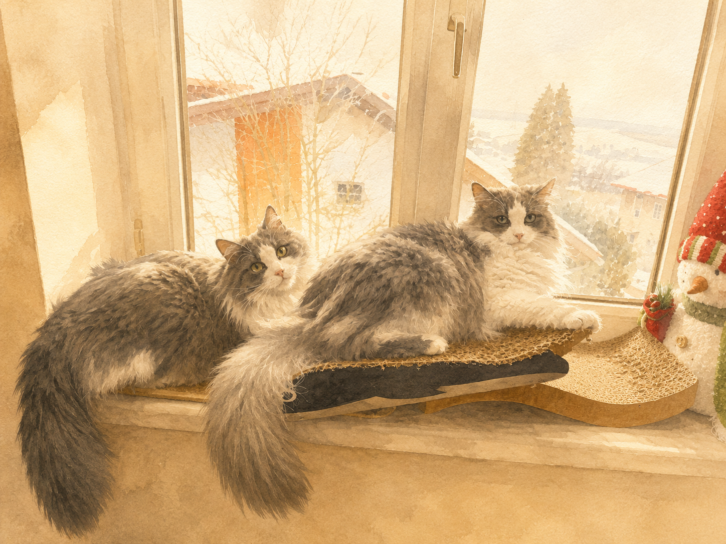 Zwei grau-weiße Katzen auf Fensterbank vor verschneiter Aussicht.